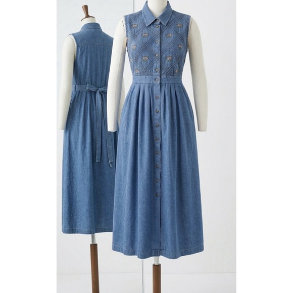 The Unbranded Brand Dresses & Skirts - Vtg 90s Cottagecore Denim Maxi Dress Floral Embroidered Smocked Coquette L